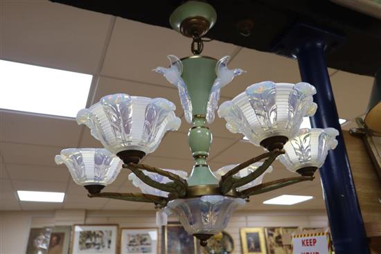 A vintage French gilt metal and opalescent glass mounted six light electrolier, diameter 79cm, approx. 73cm high